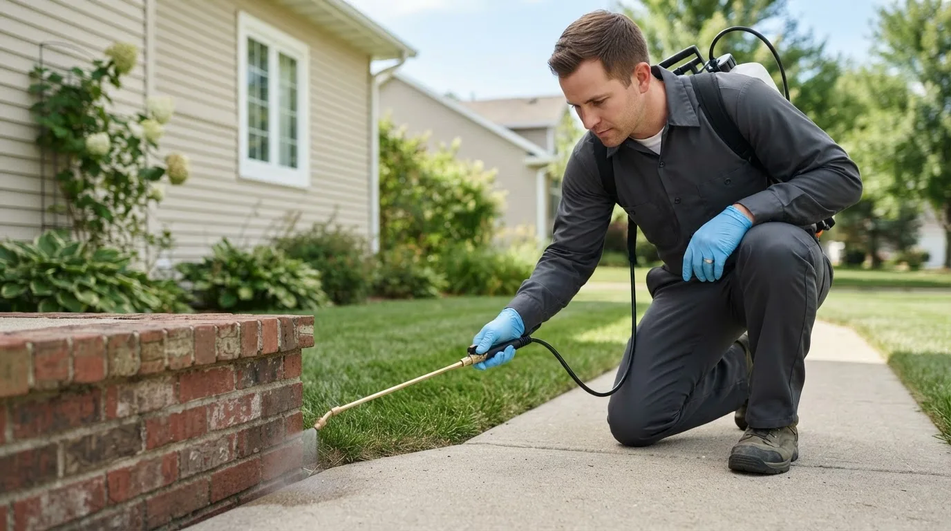 Pest control technician treating a home near Boling, TX